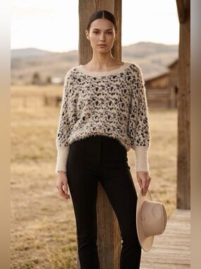 XOXO Cream and Black Fuzzy Leopard-Print Crewneck Sweater
